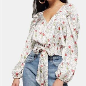 Topshop Floral Tie Front Satin Blouse